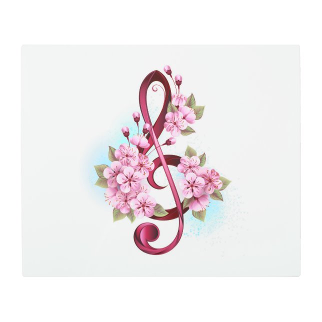 Musical treble clef notes with Sakura flowers Metal Print (Front)