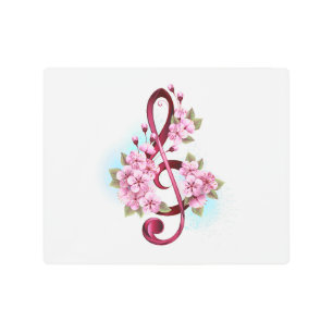 Musical treble clef notes with Sakura flowers Metal Print