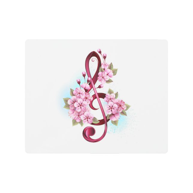 Musical treble clef notes with Sakura flowers Metal Print (Front)