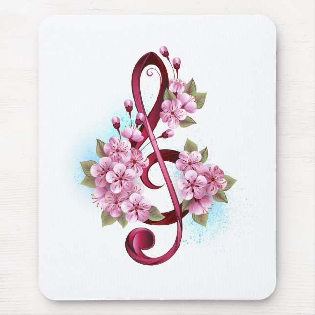 Musical treble clef notes with Sakura flowers Mouse Pad (Front)