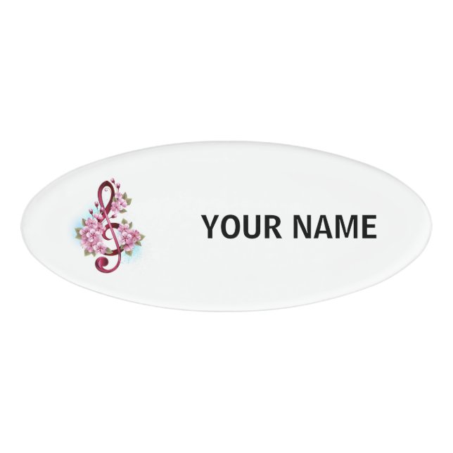Musical treble clef notes with Sakura flowers Name Tag (Front)