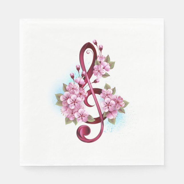 Musical treble clef notes with Sakura flowers Napkins (Front)