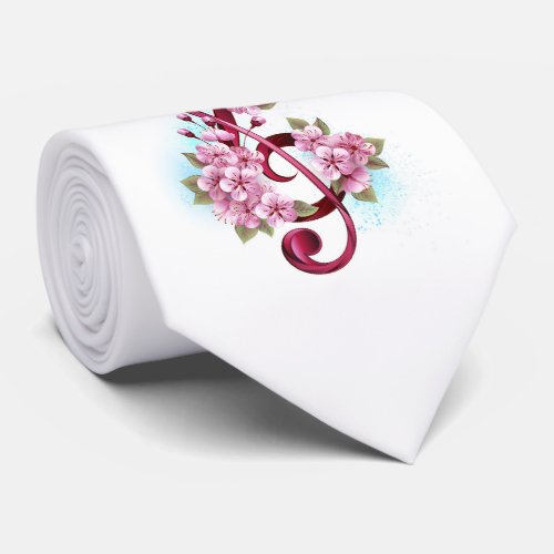 Musical treble clef notes with Sakura flowers Neck Tie