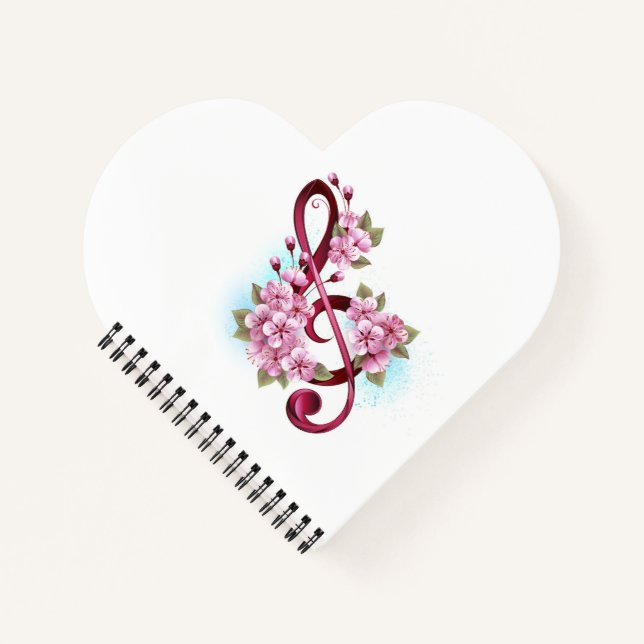 Musical treble clef notes with Sakura flowers Notebook (Front)