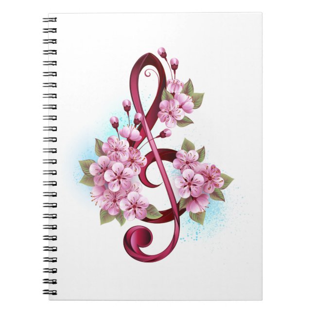 Musical treble clef notes with Sakura flowers Notebook (Front)