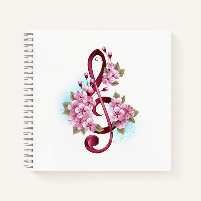 Musical treble clef notes with Sakura flowers Notebook (Front)