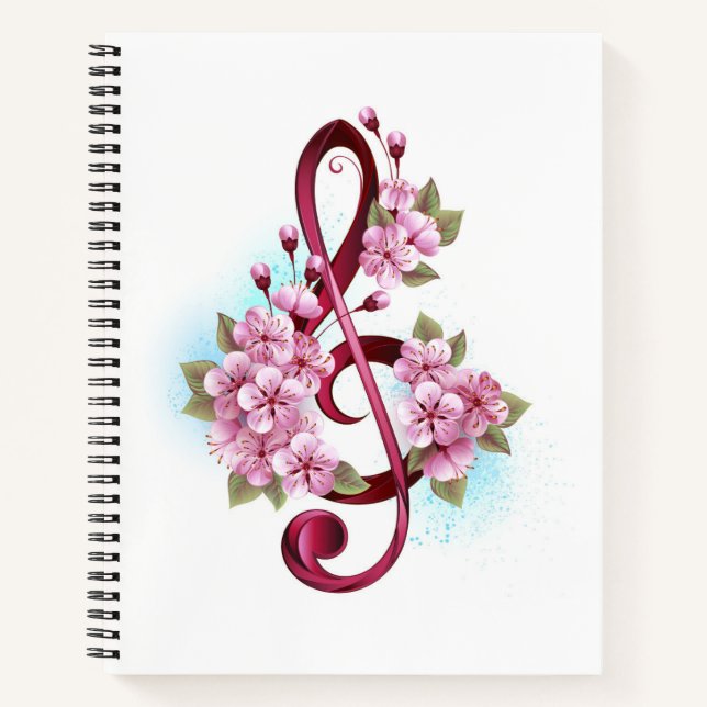 Musical treble clef notes with Sakura flowers Notebook (Front)