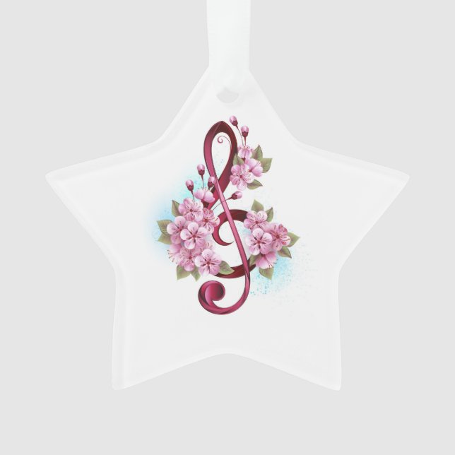 Musical treble clef notes with Sakura flowers Ornament (Front)
