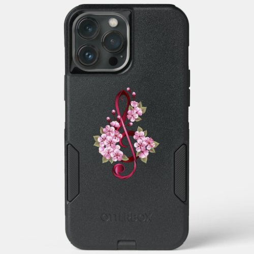 Musical treble clef notes with Sakura flowers iPhone 13 Pro Max Case