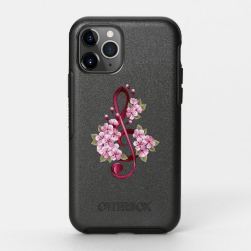 Musical treble clef notes with Sakura flowers OtterBox Symmetry iPhone 11 Pro Case