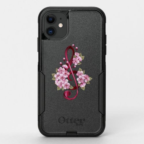 Musical treble clef notes with Sakura flowers OtterBox Commuter iPhone 11 Case