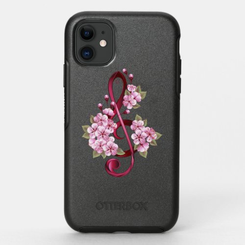 Musical treble clef notes with Sakura flowers OtterBox Symmetry iPhone 11 Case