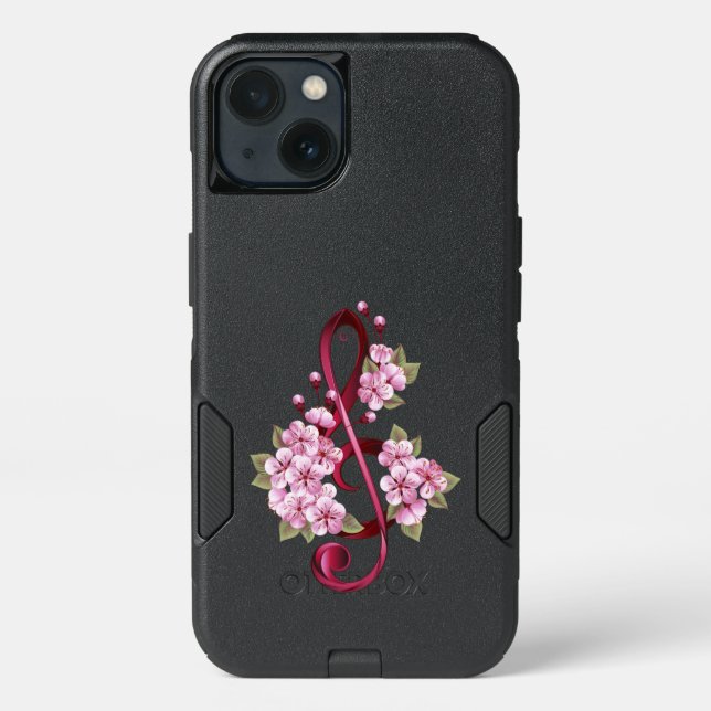 Musical treble clef notes with Sakura flowers Otterbox iPhone Case (Back)