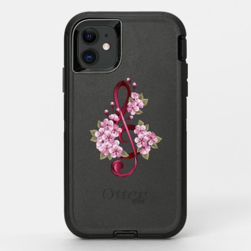 Musical treble clef notes with Sakura flowers OtterBox Defender iPhone 11 Case