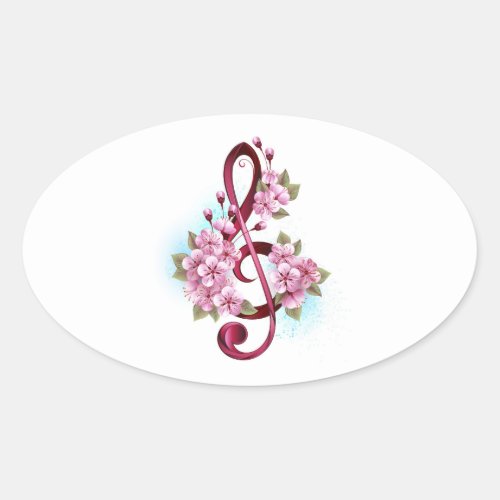 Musical treble clef notes with Sakura flowers Oval Sticker