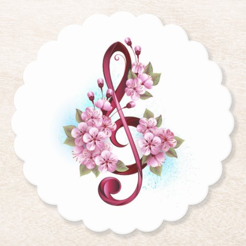 Musical treble clef notes with Sakura flowers Paper Coaster