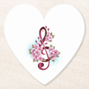 Musical treble clef notes with Sakura flowers Paper Coaster
