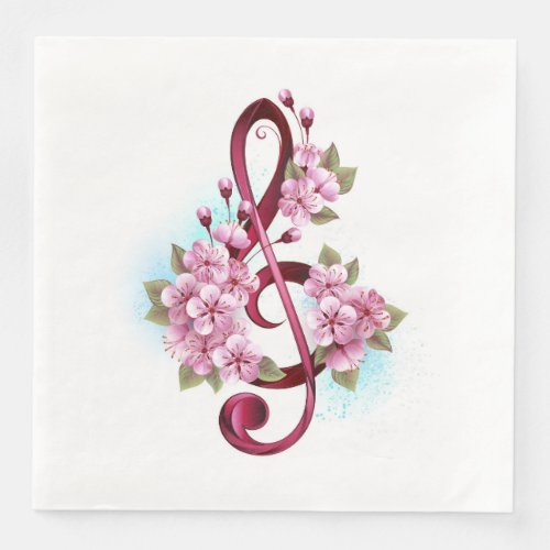 Musical treble clef notes with Sakura flowers Paper Dinner Napkins