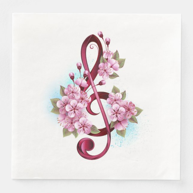 Musical treble clef notes with Sakura flowers Paper Dinner Napkins (Front)