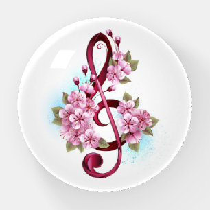 Musical treble clef notes with Sakura flowers Paperweight