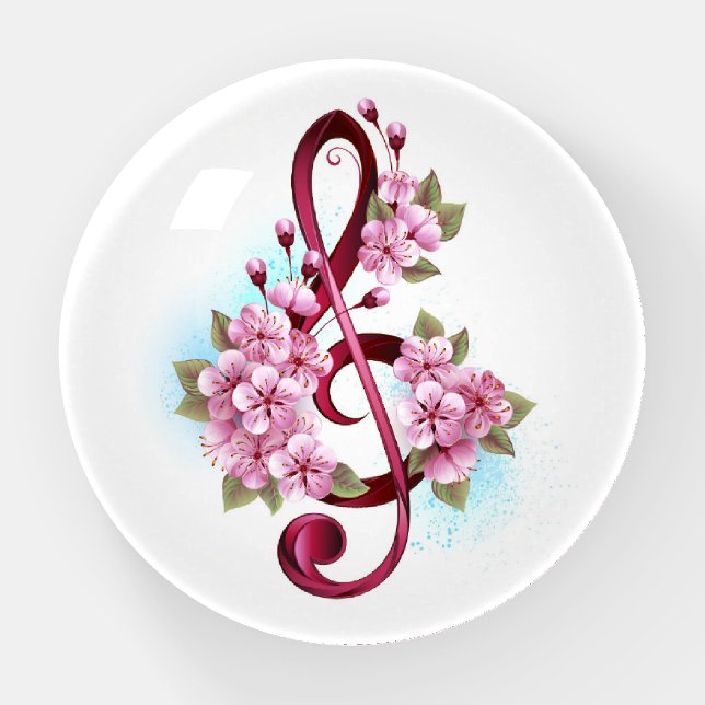 Musical treble clef notes with Sakura flowers Paperweight (Front)