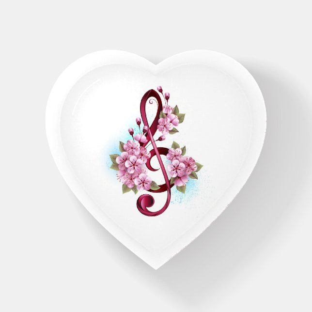 Musical treble clef notes with Sakura flowers Paperweight (Front)