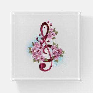 Musical treble clef notes with Sakura flowers Paperweight