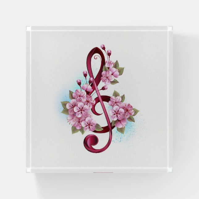 Musical treble clef notes with Sakura flowers Paperweight (Front)