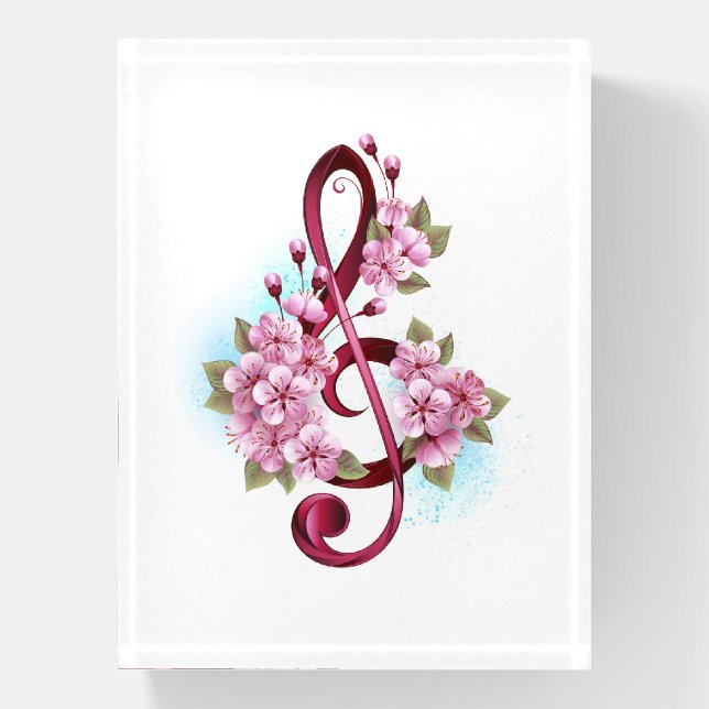 Musical treble clef notes with Sakura flowers Paperweight (Vertical)