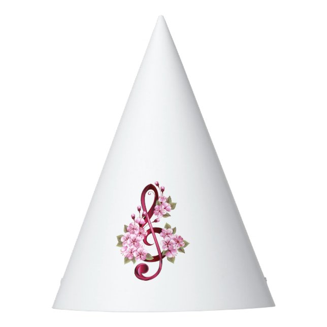 Musical treble clef notes with Sakura flowers Party Hat (Front)