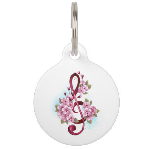 Musical treble clef notes with Sakura flowers Pet ID Tag