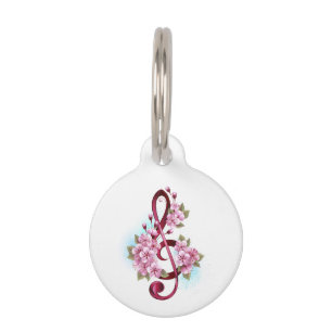 Musical treble clef notes with Sakura flowers Pet ID Tag