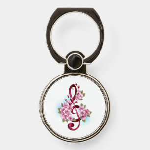 Musical treble clef notes with Sakura flowers Phone Ring Stand