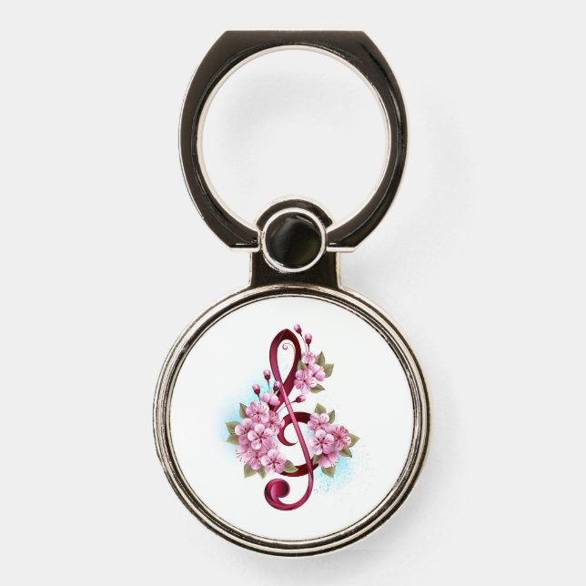 Musical treble clef notes with Sakura flowers Phone Ring Stand (Front)