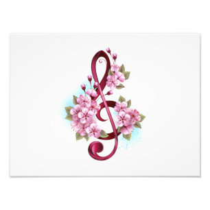 Musical treble clef notes with Sakura flowers Photo Print
