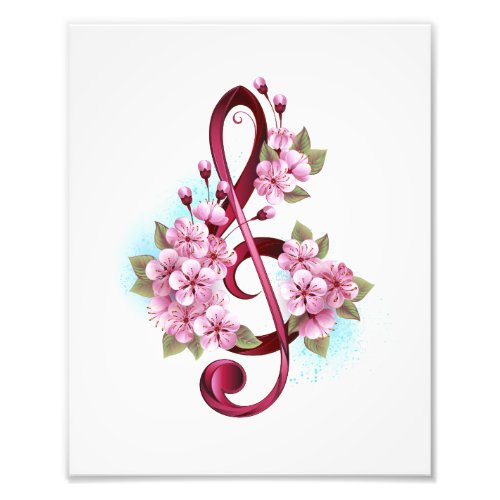 Musical treble clef notes with Sakura flowers Photo Print