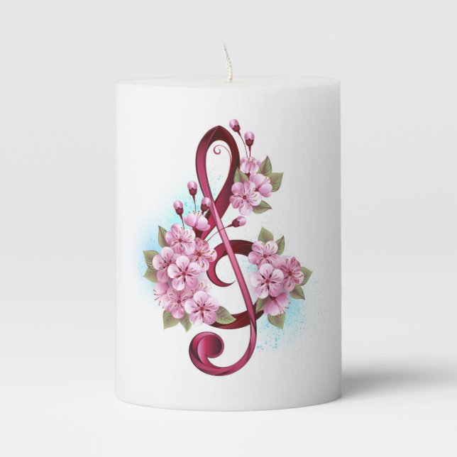 Musical treble clef notes with Sakura flowers Pillar Candle (Front)