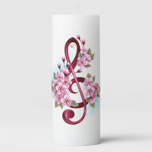 Musical treble clef notes with Sakura flowers Pillar Candle (Front)