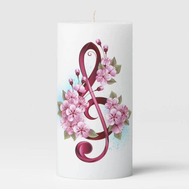 Musical treble clef notes with Sakura flowers Pillar Candle (Front)
