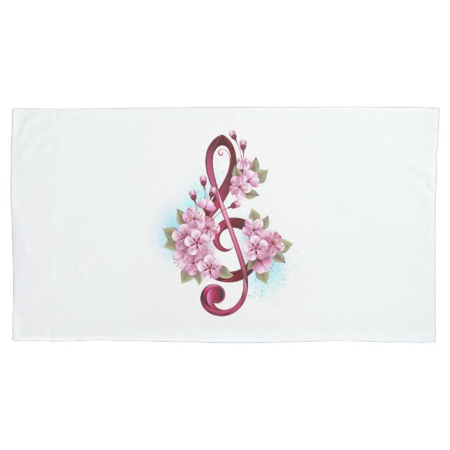 Musical treble clef notes with Sakura flowers Pillow Case (Front)