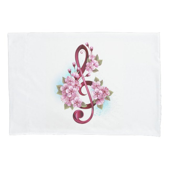 Musical treble clef notes with Sakura flowers Pillow Case (Front-Left)