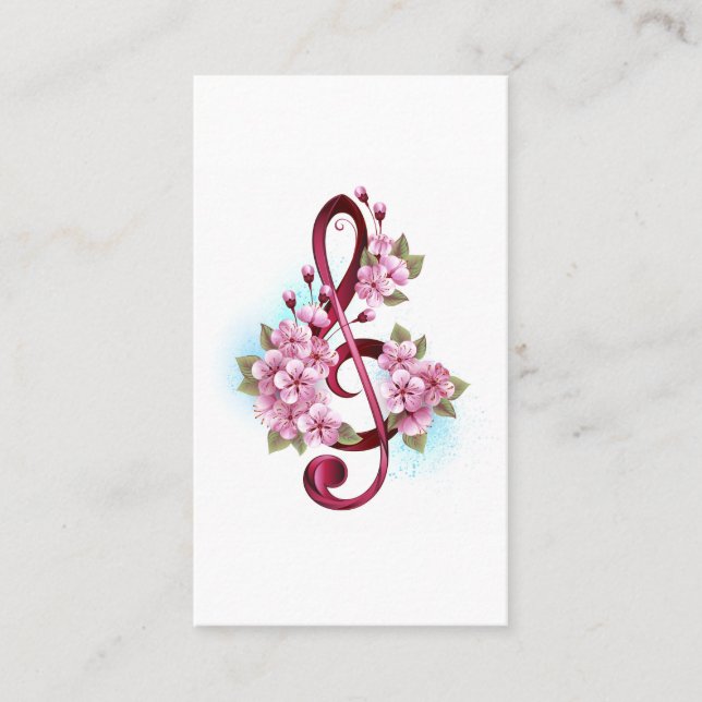 Musical treble clef notes with Sakura flowers Place Card (Front)