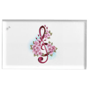 Musical treble clef notes with Sakura flowers Place Card Holder
