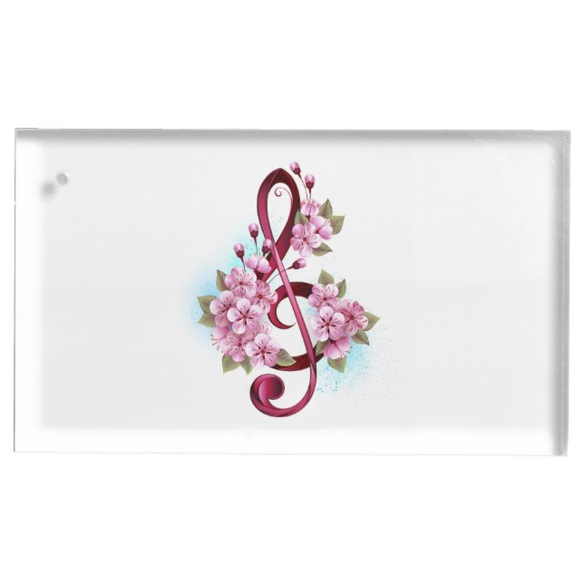 Musical treble clef notes with Sakura flowers Place Card Holder (Front)