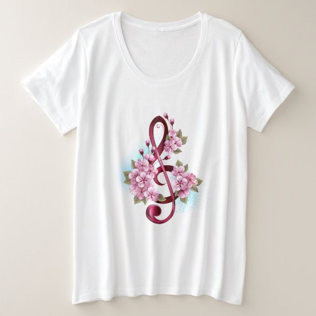 Musical treble clef notes with Sakura flowers Plus Size T-Shirt (Design Front)