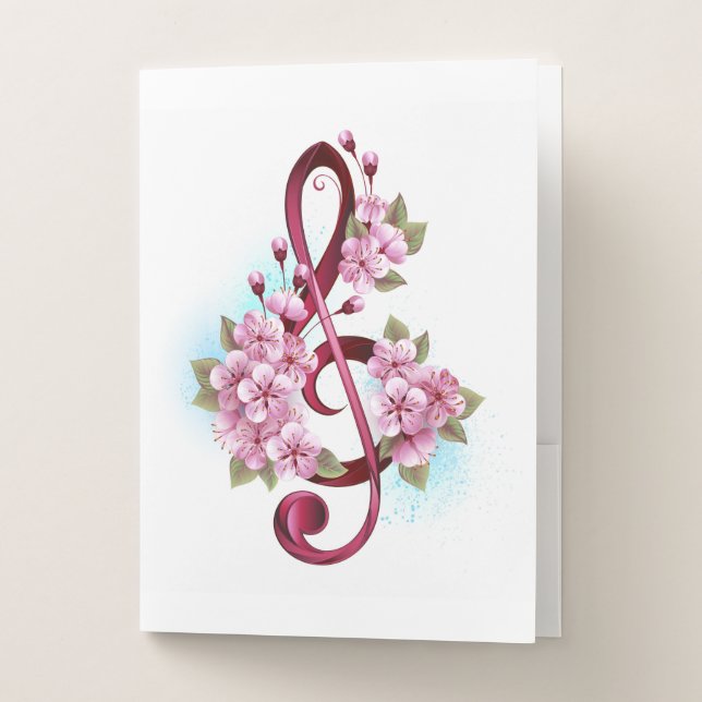 Musical treble clef notes with Sakura flowers Pocket Folder (Front)