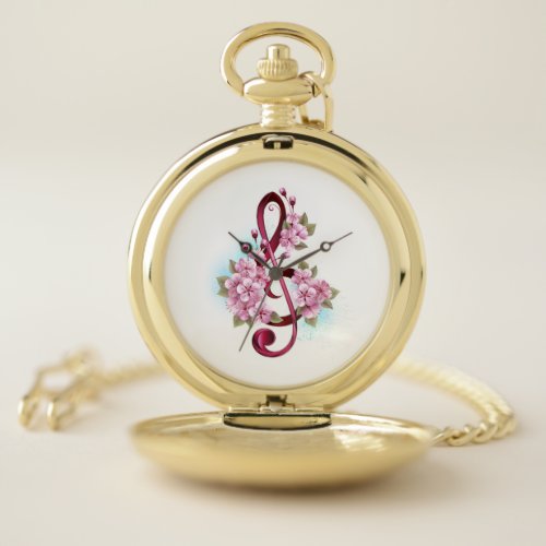 Musical treble clef notes with Sakura flowers Pocket Watch