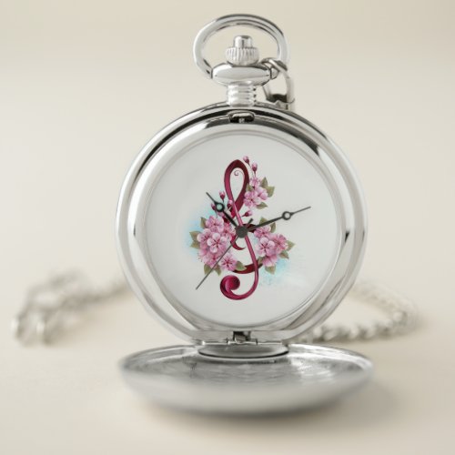 Musical treble clef notes with Sakura flowers Pocket Watch