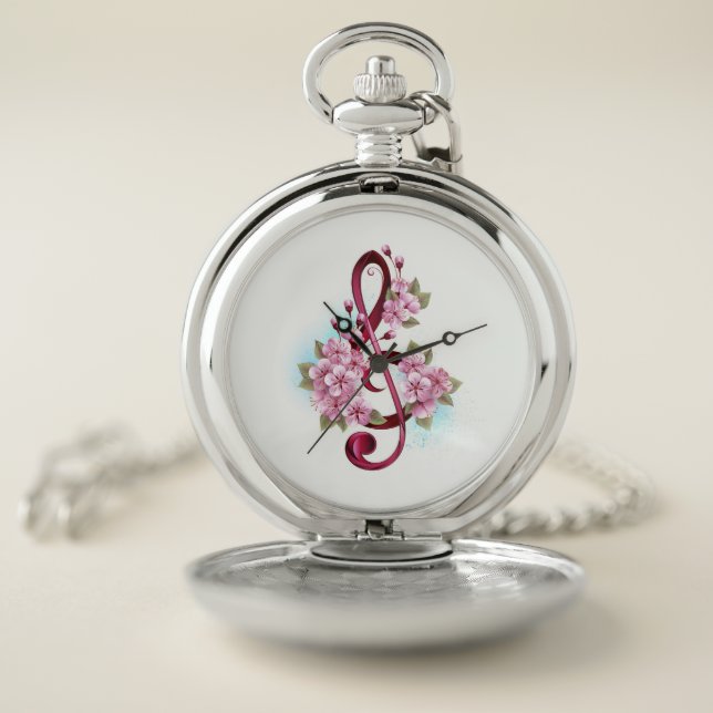 Musical treble clef notes with Sakura flowers Pocket Watch (Inside)