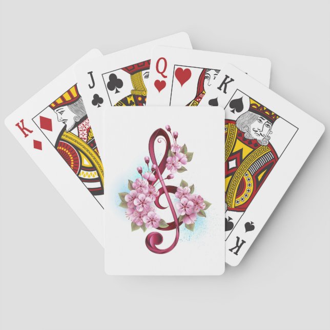 Musical treble clef notes with Sakura flowers Poker Cards (Back)